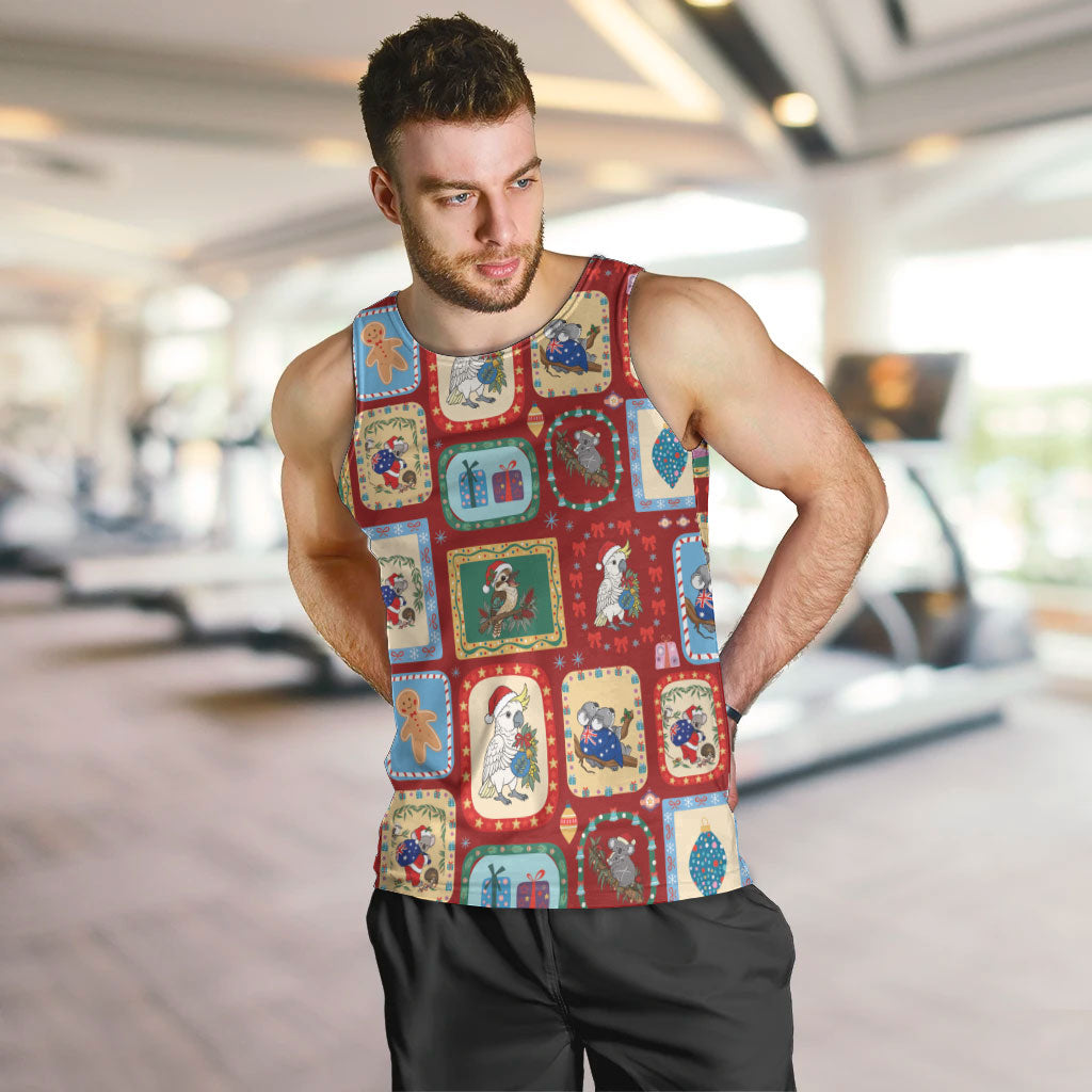 Australia Wildlife Christmas Stamp Men Tank Top Red Aussie Native Animal Seamless Pattern