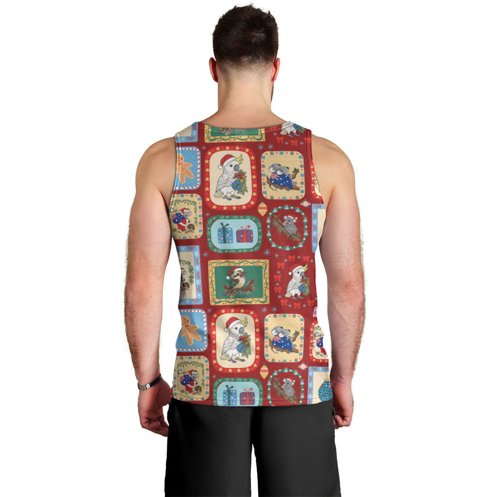 Australia Wildlife Christmas Stamp Men Tank Top Red Aussie Native Animal Seamless Pattern