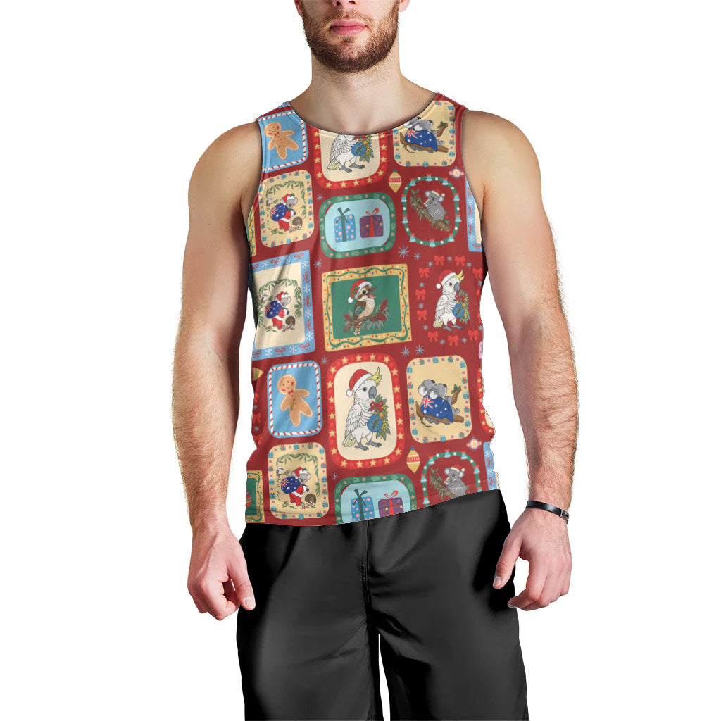 Australia Wildlife Christmas Stamp Men Tank Top Red Aussie Native Animal Seamless Pattern