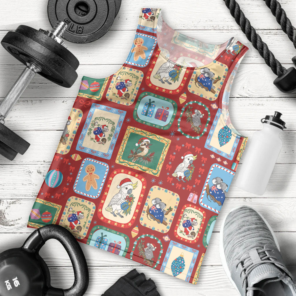 Australia Wildlife Christmas Stamp Men Tank Top Red Aussie Native Animal Seamless Pattern