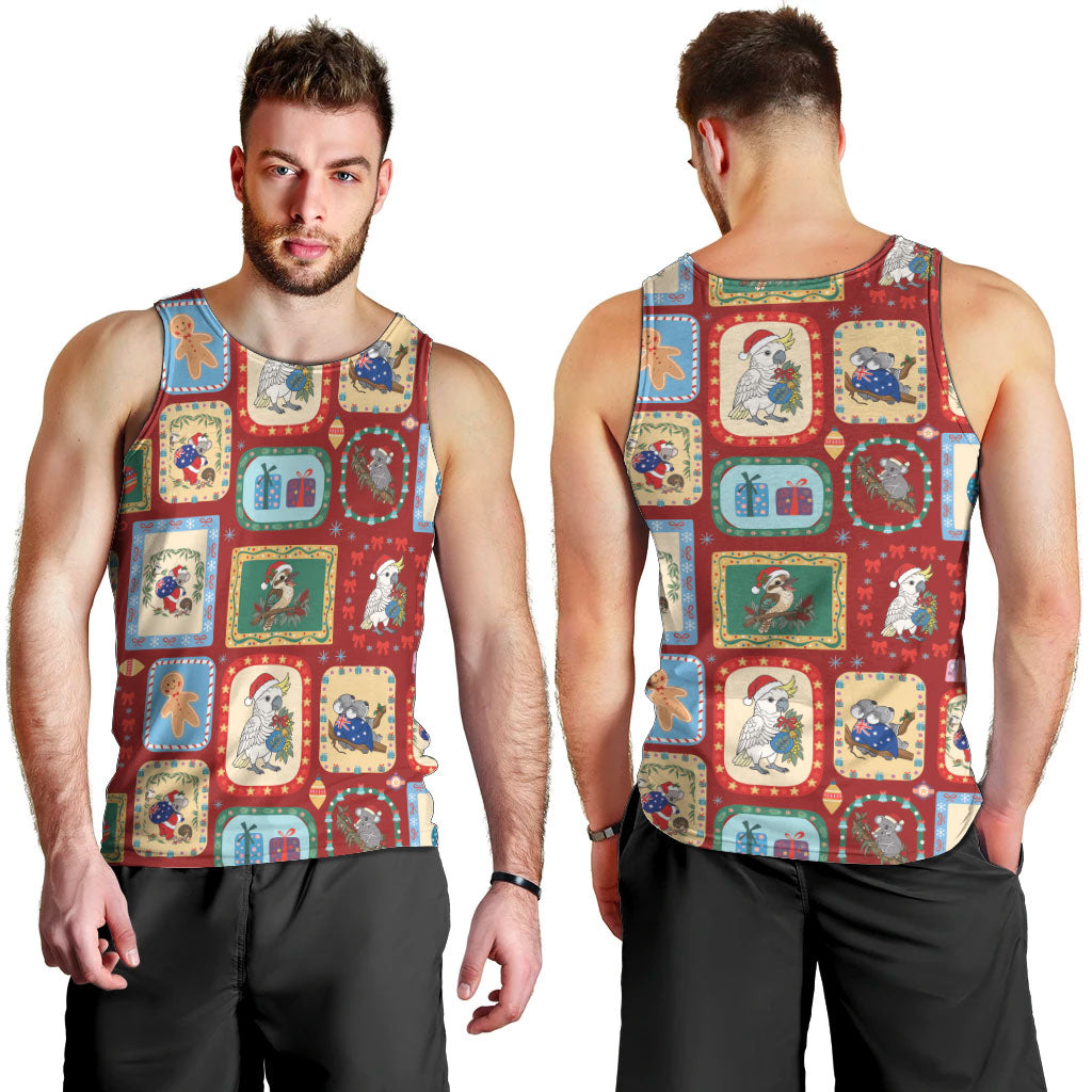 Australia Wildlife Christmas Stamp Men Tank Top Red Aussie Native Animal Seamless Pattern
