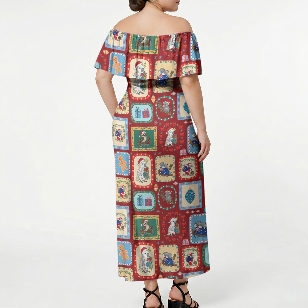 Australia Wildlife Christmas Stamp Off Shoulder Maxi Dress Red Aussie Native Animal Seamless Pattern