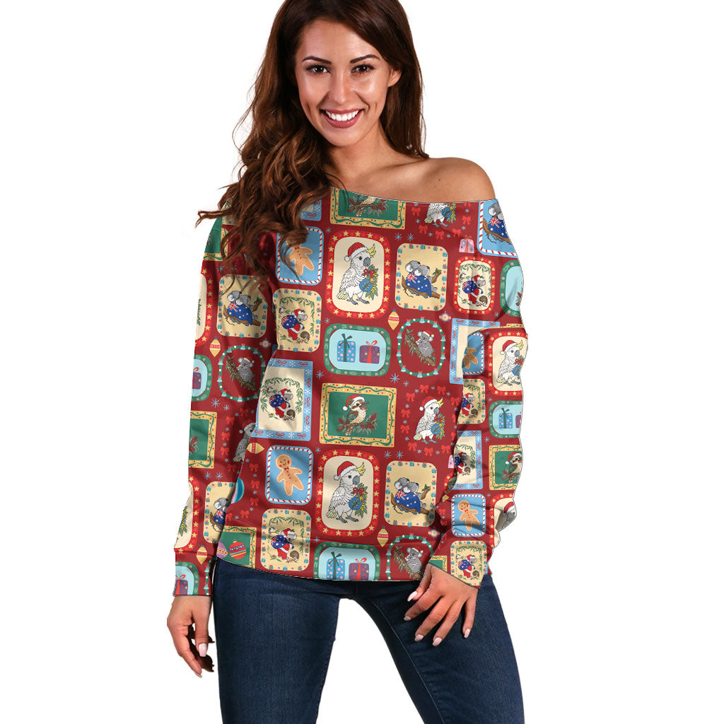 Australia Wildlife Christmas Stamp Off Shoulder Sweater Red Aussie Native Animal Seamless Pattern