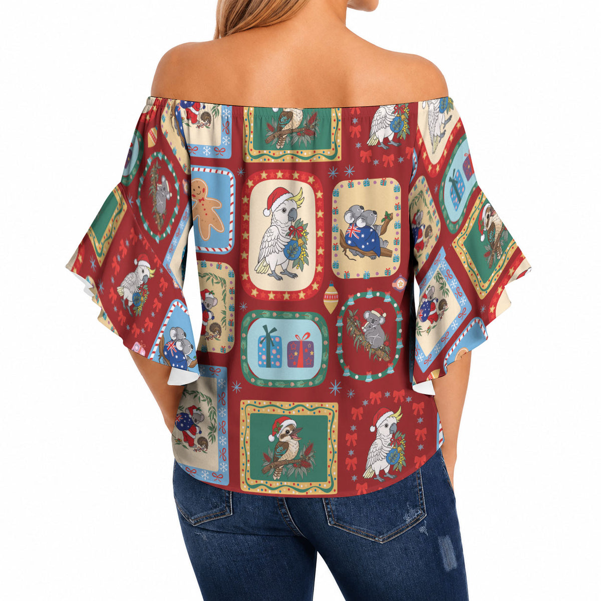 Australia Wildlife Christmas Stamp Off Shoulder Wrap Waist Top Red Aussie Native Animal Seamless Pattern