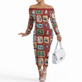 Australia Wildlife Christmas Stamp Off The Shoulder Long Sleeve Dress Red Aussie Native Animal Seamless Pattern