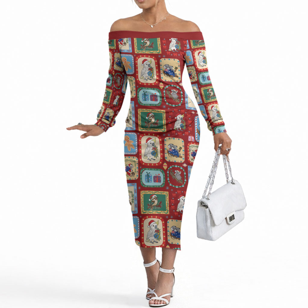 Australia Wildlife Christmas Stamp Off The Shoulder Long Sleeve Dress Red Aussie Native Animal Seamless Pattern