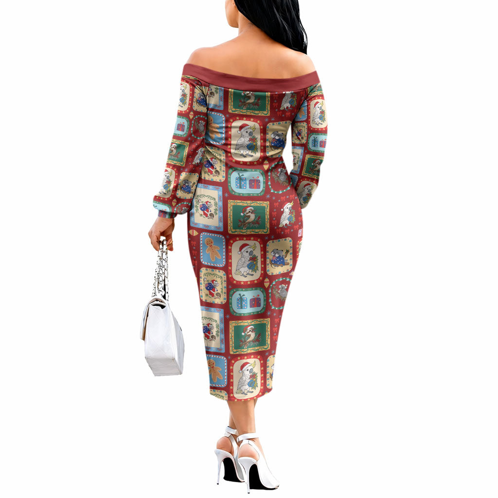 Australia Wildlife Christmas Stamp Off The Shoulder Long Sleeve Dress Red Aussie Native Animal Seamless Pattern