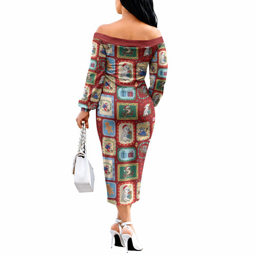 Australia Wildlife Christmas Stamp Off The Shoulder Long Sleeve Dress Red Aussie Native Animal Seamless Pattern