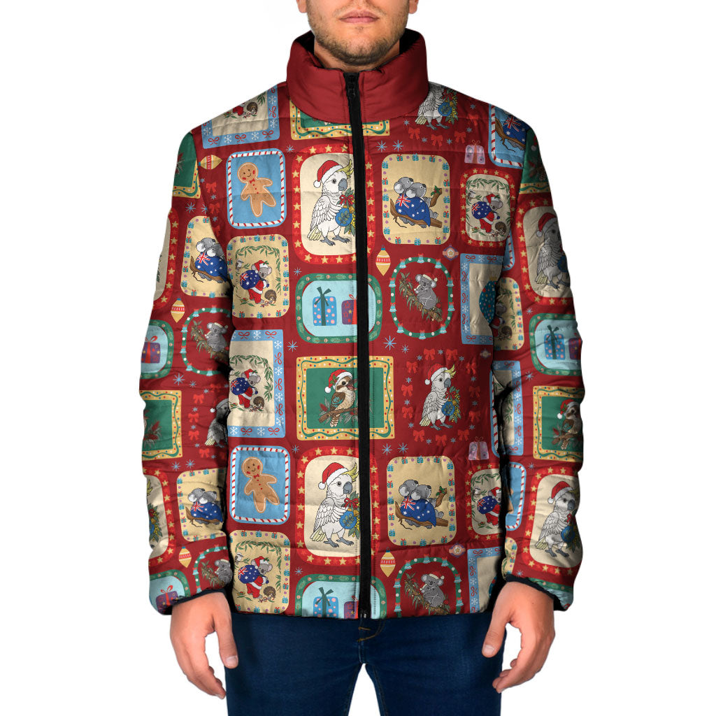 Australia Wildlife Christmas Stamp Padded Jacket Red Aussie Native Animal Seamless Pattern