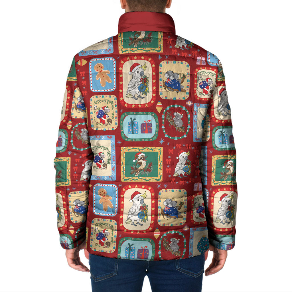 Australia Wildlife Christmas Stamp Padded Jacket Red Aussie Native Animal Seamless Pattern