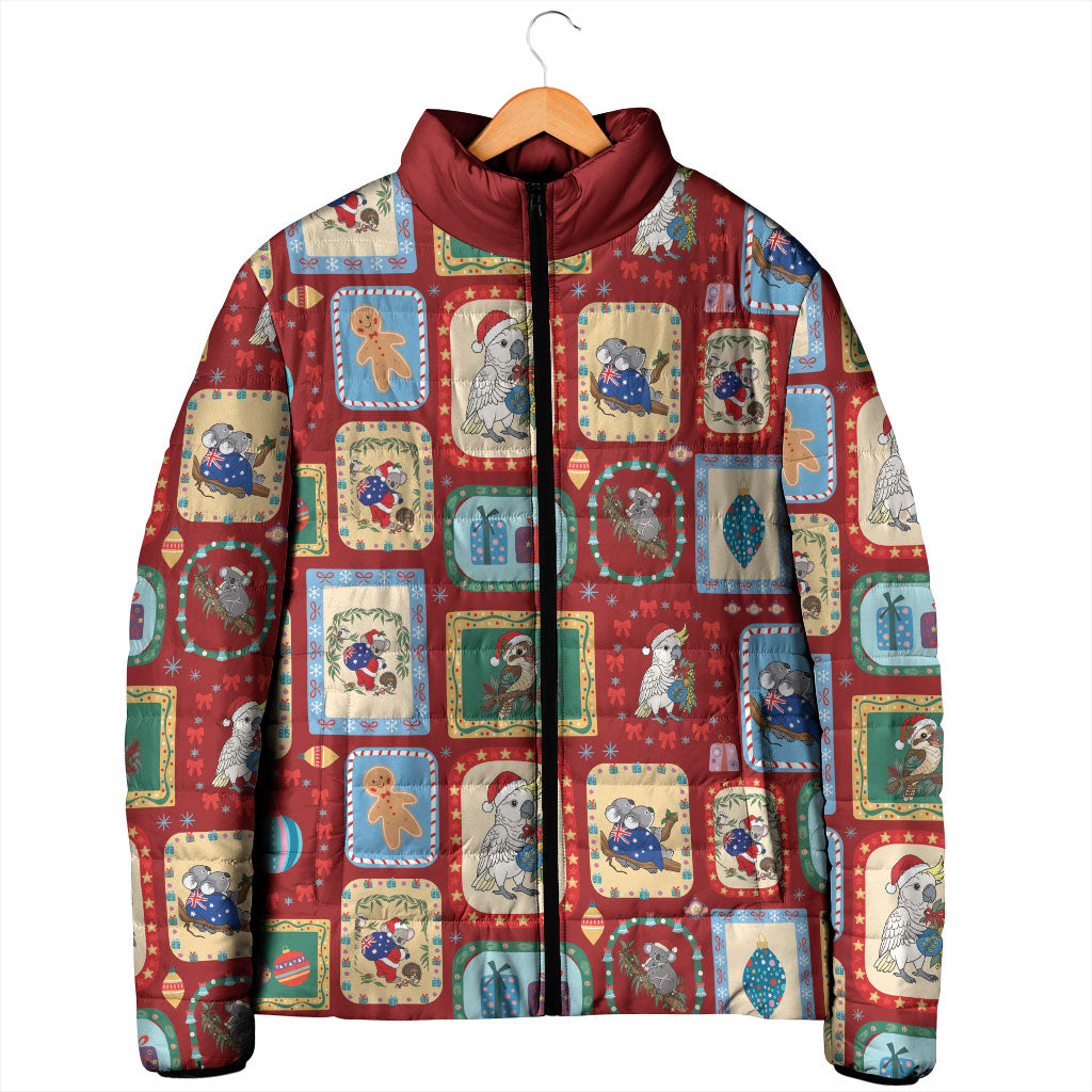 Australia Wildlife Christmas Stamp Padded Jacket Red Aussie Native Animal Seamless Pattern