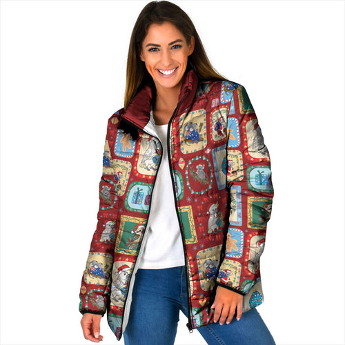 Australia Wildlife Christmas Stamp Padded Jacket Red Aussie Native Animal Seamless Pattern
