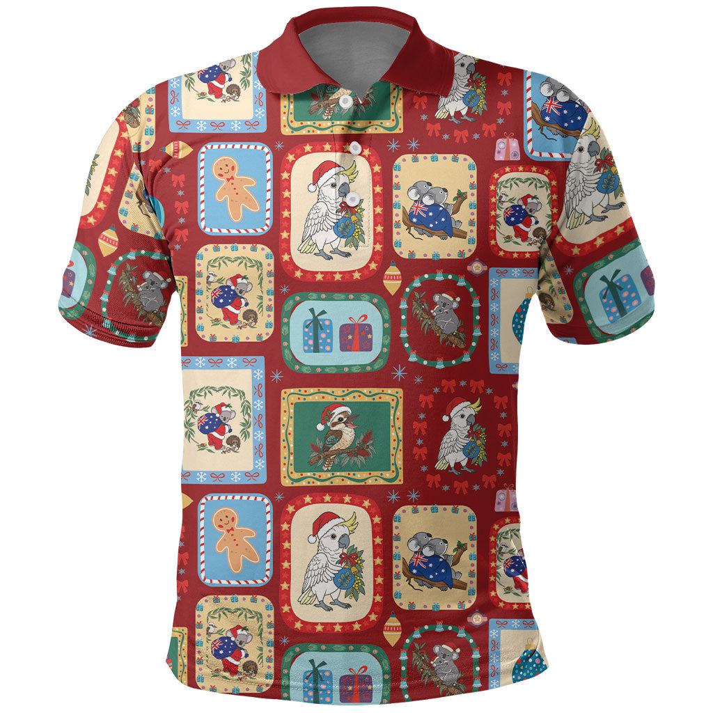 Australia Wildlife Christmas Stamp Polo Shirt Red Aussie Native Animal Seamless Pattern