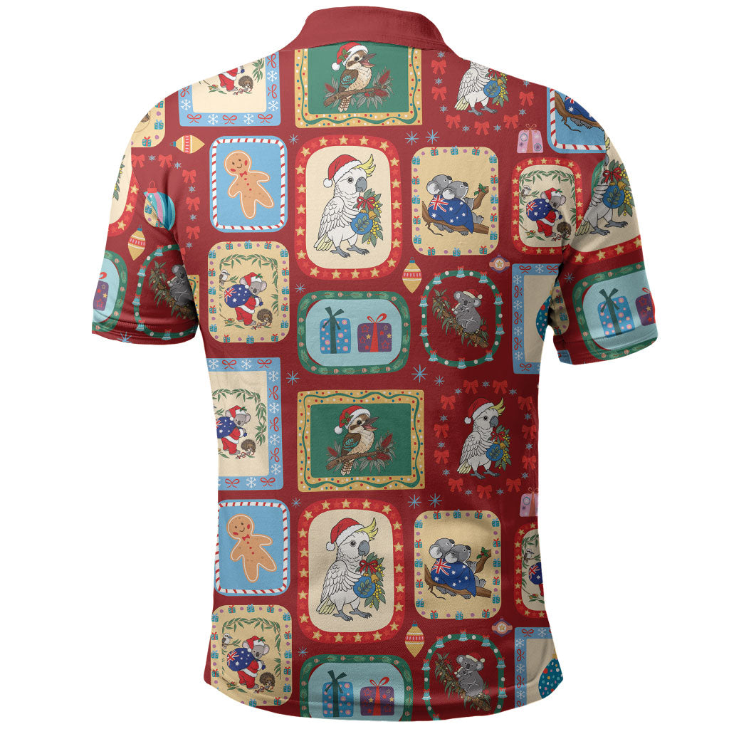 Australia Wildlife Christmas Stamp Polo Shirt Red Aussie Native Animal Seamless Pattern