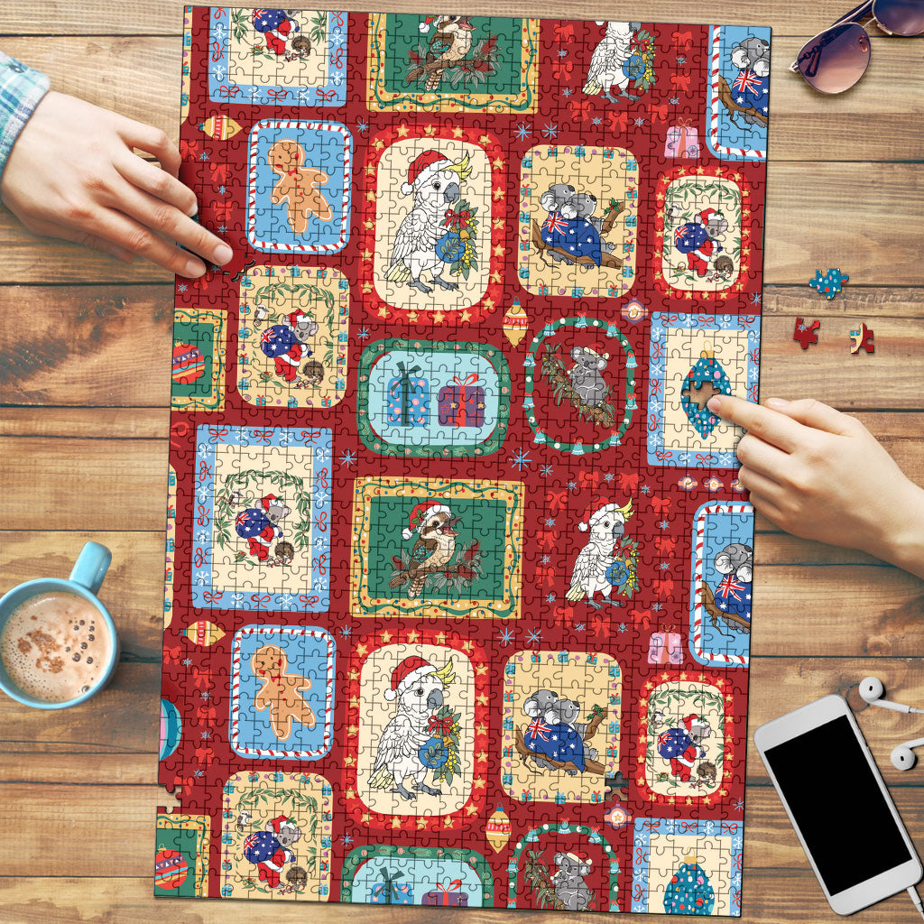 Australia Wildlife Christmas Stamp Puzzle Red Aussie Native Animal Seamless Pattern