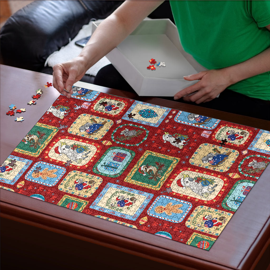 Australia Wildlife Christmas Stamp Puzzle Red Aussie Native Animal Seamless Pattern