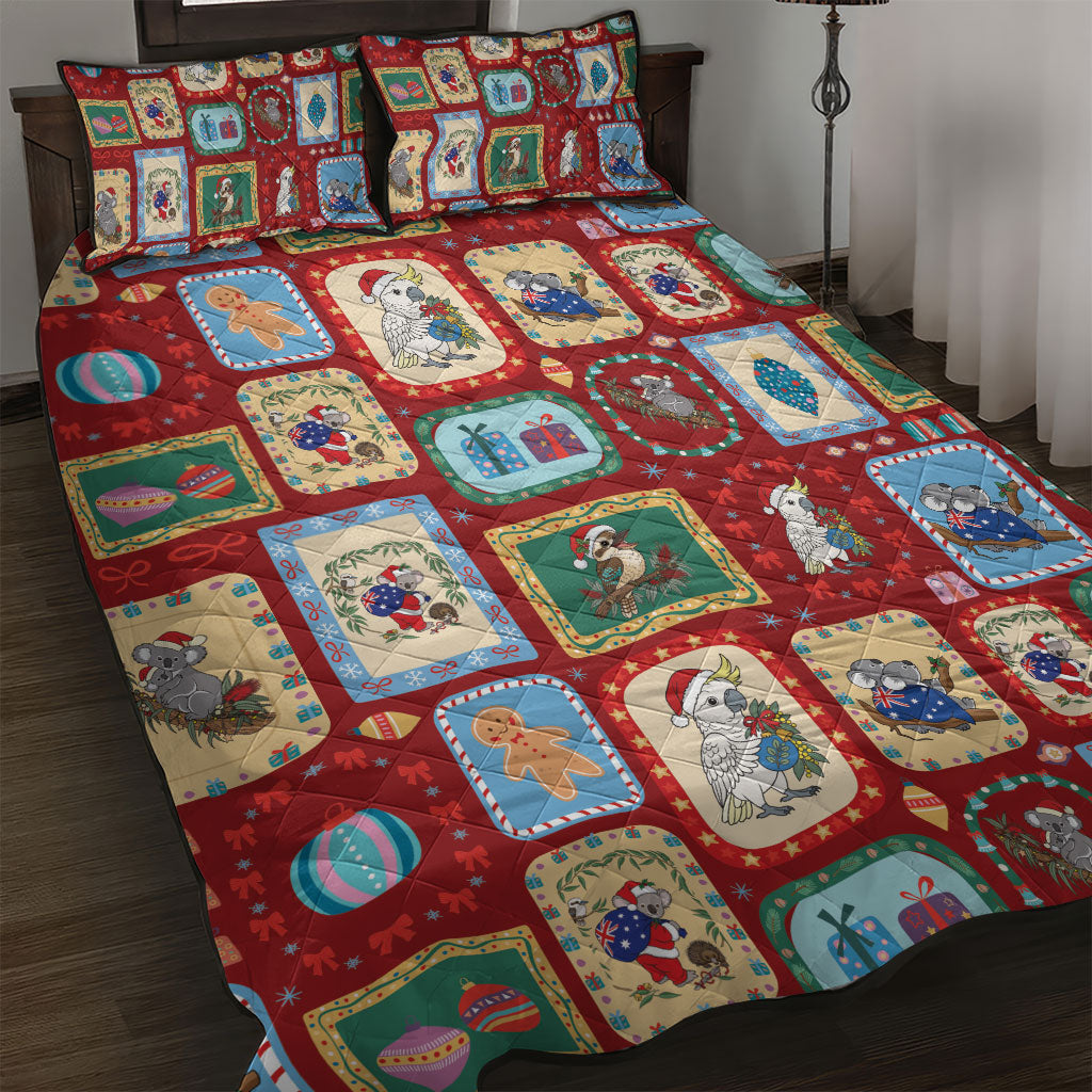 Australia Wildlife Christmas Stamp Quilt Bed Set Red Aussie Native Animal Seamless Pattern