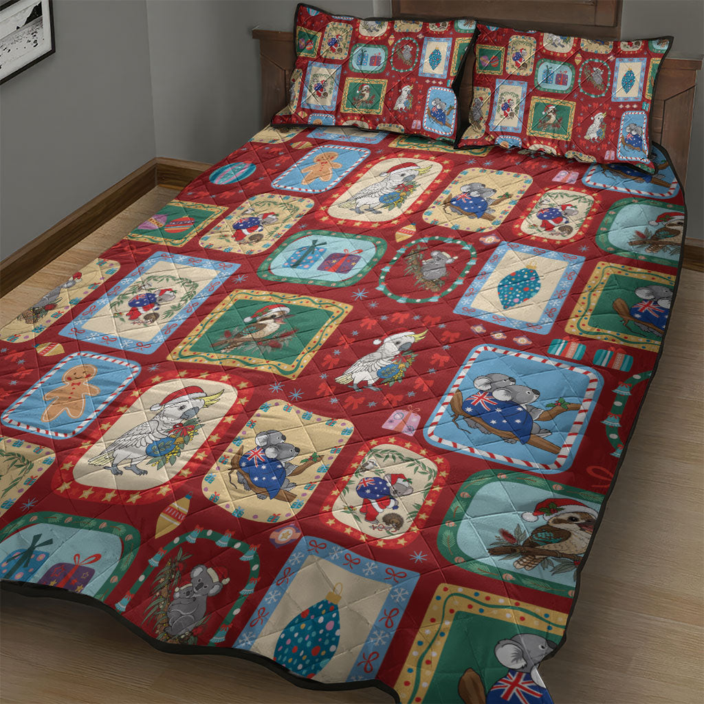 Australia Wildlife Christmas Stamp Quilt Bed Set Red Aussie Native Animal Seamless Pattern