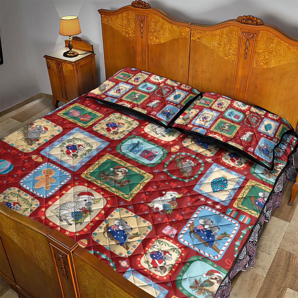 Australia Wildlife Christmas Stamp Quilt Bed Set Red Aussie Native Animal Seamless Pattern