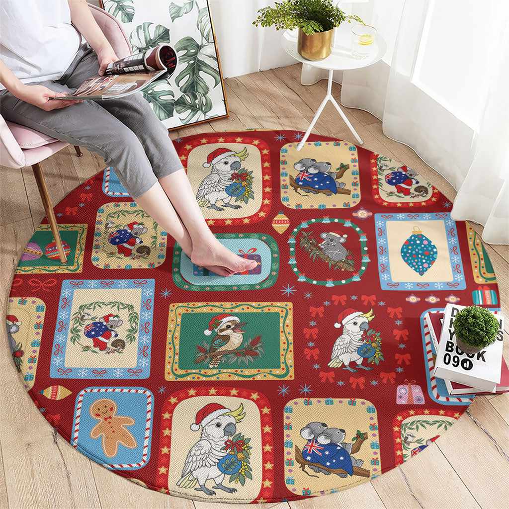 Australia Wildlife Christmas Stamp Round Carpet Red Aussie Native Animal Seamless Pattern