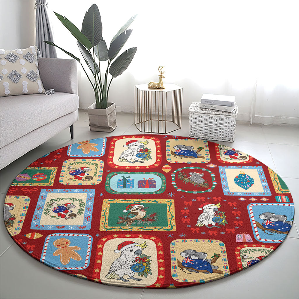 Australia Wildlife Christmas Stamp Round Carpet Red Aussie Native Animal Seamless Pattern