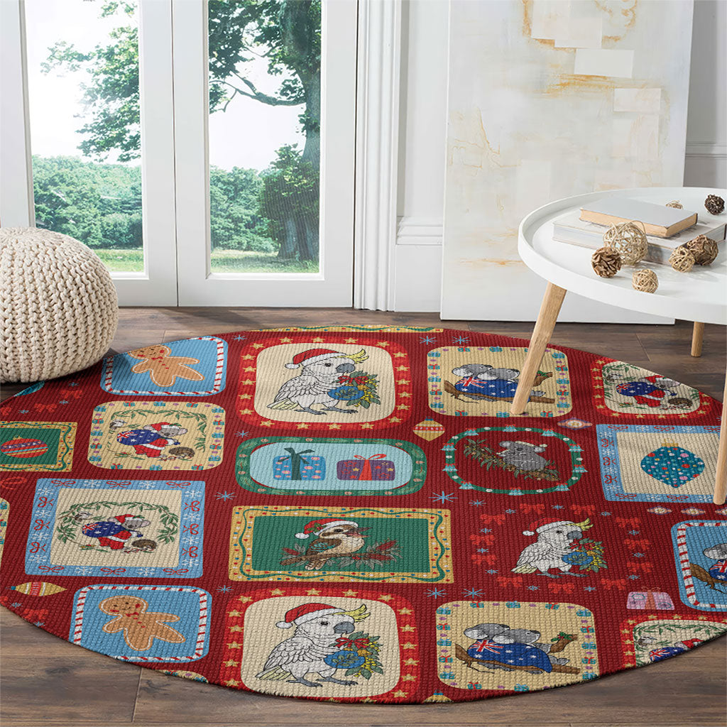 Australia Wildlife Christmas Stamp Round Carpet Red Aussie Native Animal Seamless Pattern