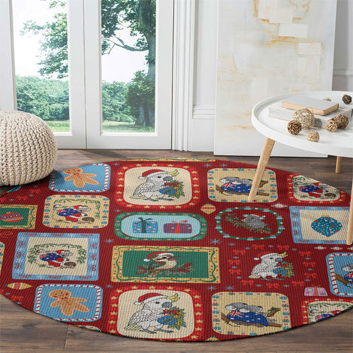 Australia Wildlife Christmas Stamp Round Carpet Red Aussie Native Animal Seamless Pattern
