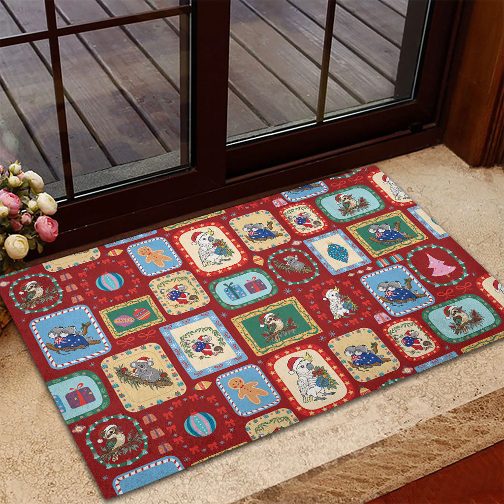 Australia Wildlife Christmas Stamp Rubber Doormat Red Aussie Native Animal Seamless Pattern