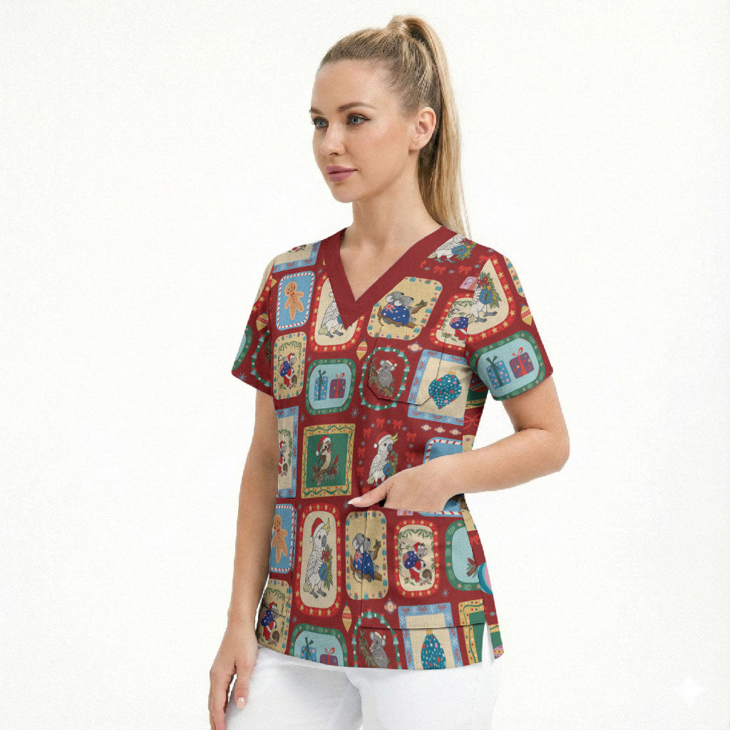 Australia Wildlife Christmas Stamp Scrub Top Red Aussie Native Animal Seamless Pattern