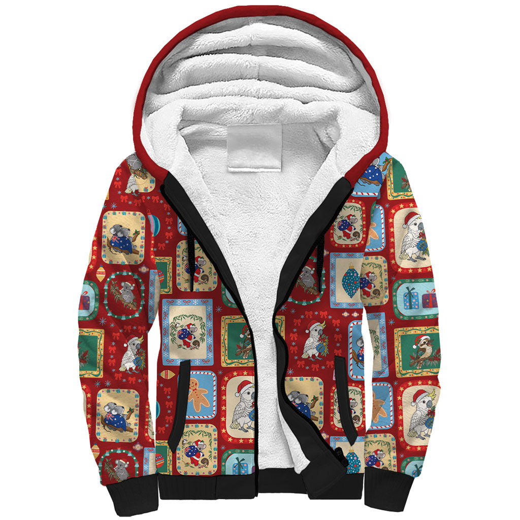 Australia Wildlife Christmas Stamp Sherpa Hoodie Red Aussie Native Animal Seamless Pattern
