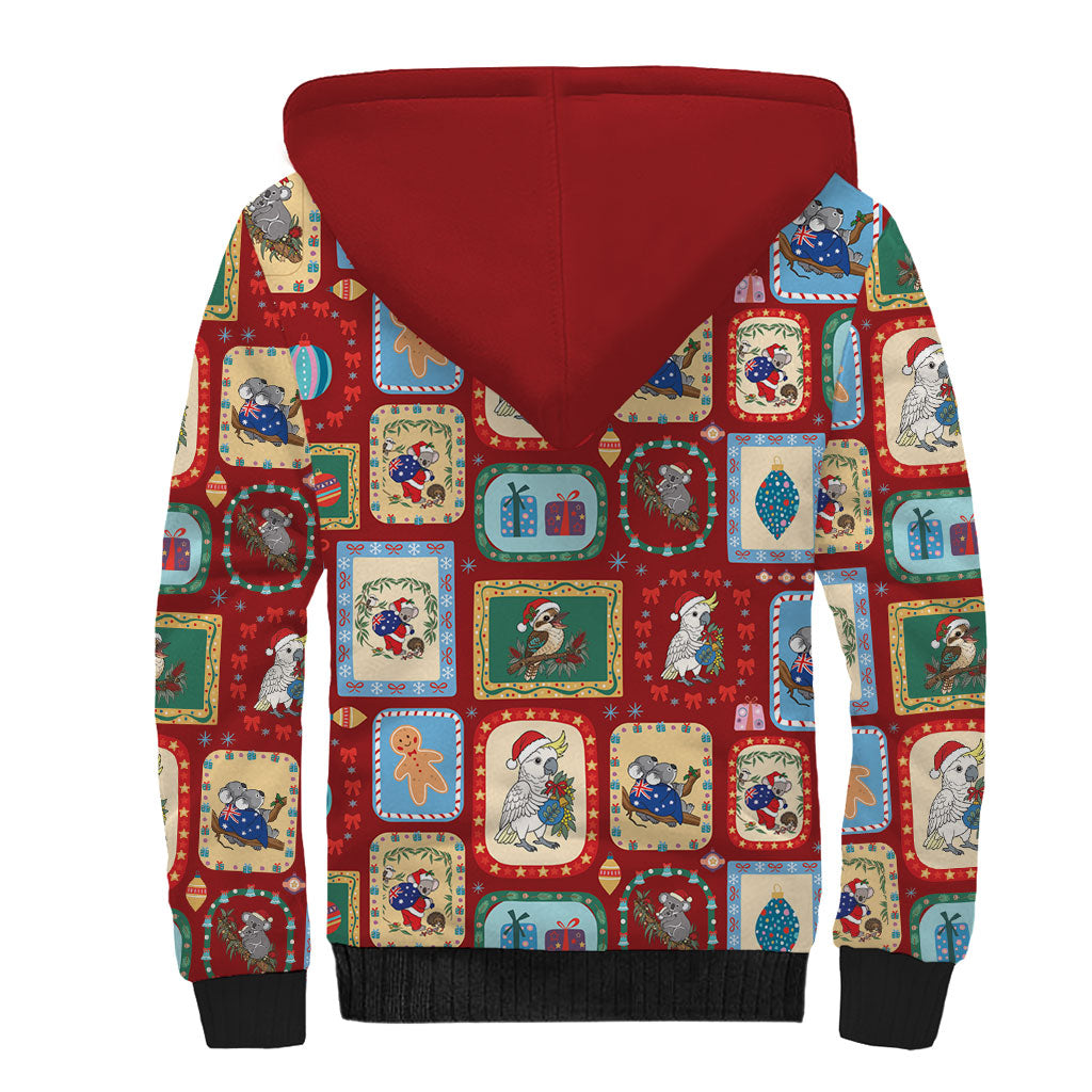 Australia Wildlife Christmas Stamp Sherpa Hoodie Red Aussie Native Animal Seamless Pattern