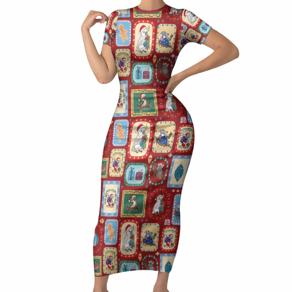 Australia Wildlife Christmas Stamp Short Sleeve Bodycon Dress Red Aussie Native Animal Seamless Pattern