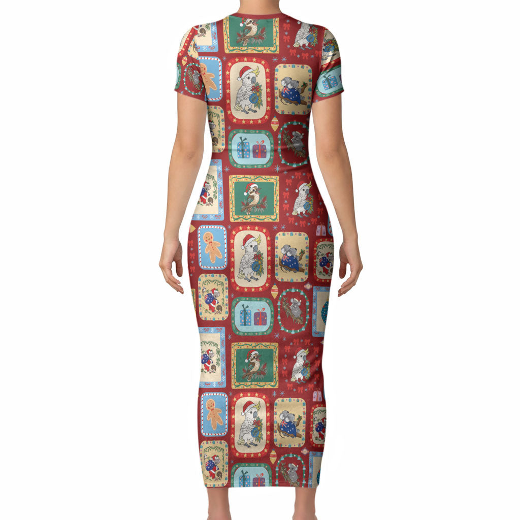 Australia Wildlife Christmas Stamp Short Sleeve Bodycon Dress Red Aussie Native Animal Seamless Pattern