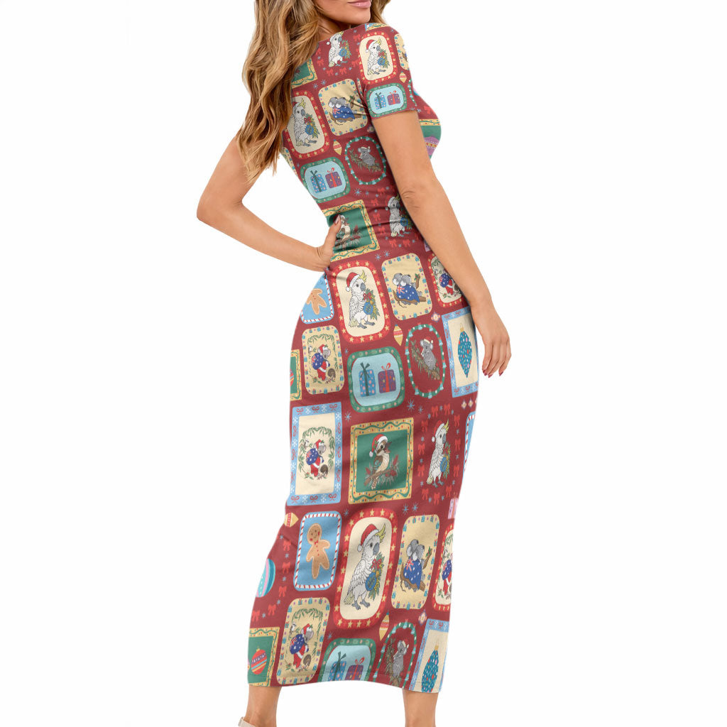 Australia Wildlife Christmas Stamp Short Sleeve Bodycon Dress Red Aussie Native Animal Seamless Pattern