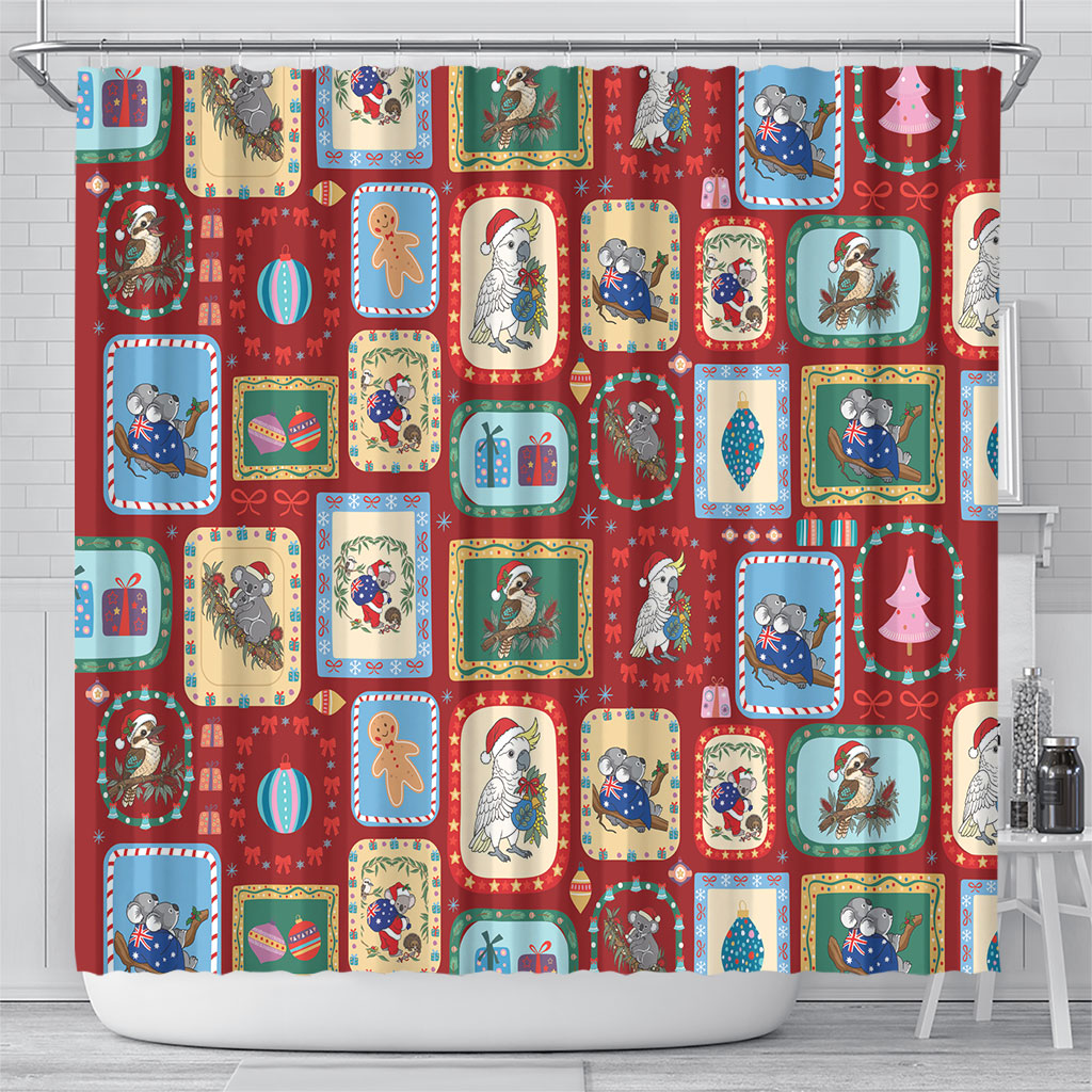 Australia Wildlife Christmas Stamp Shower Curtain Red Aussie Native Animal Seamless Pattern