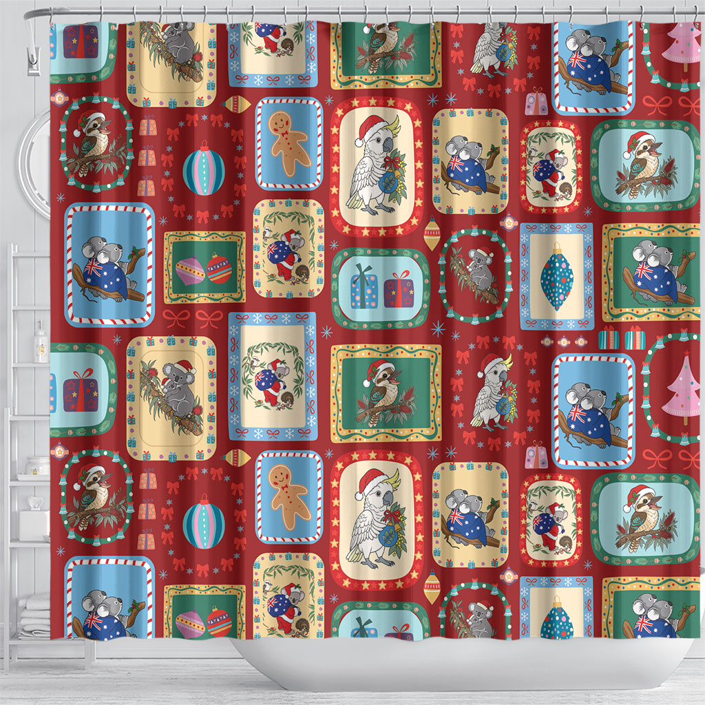 Australia Wildlife Christmas Stamp Shower Curtain Red Aussie Native Animal Seamless Pattern