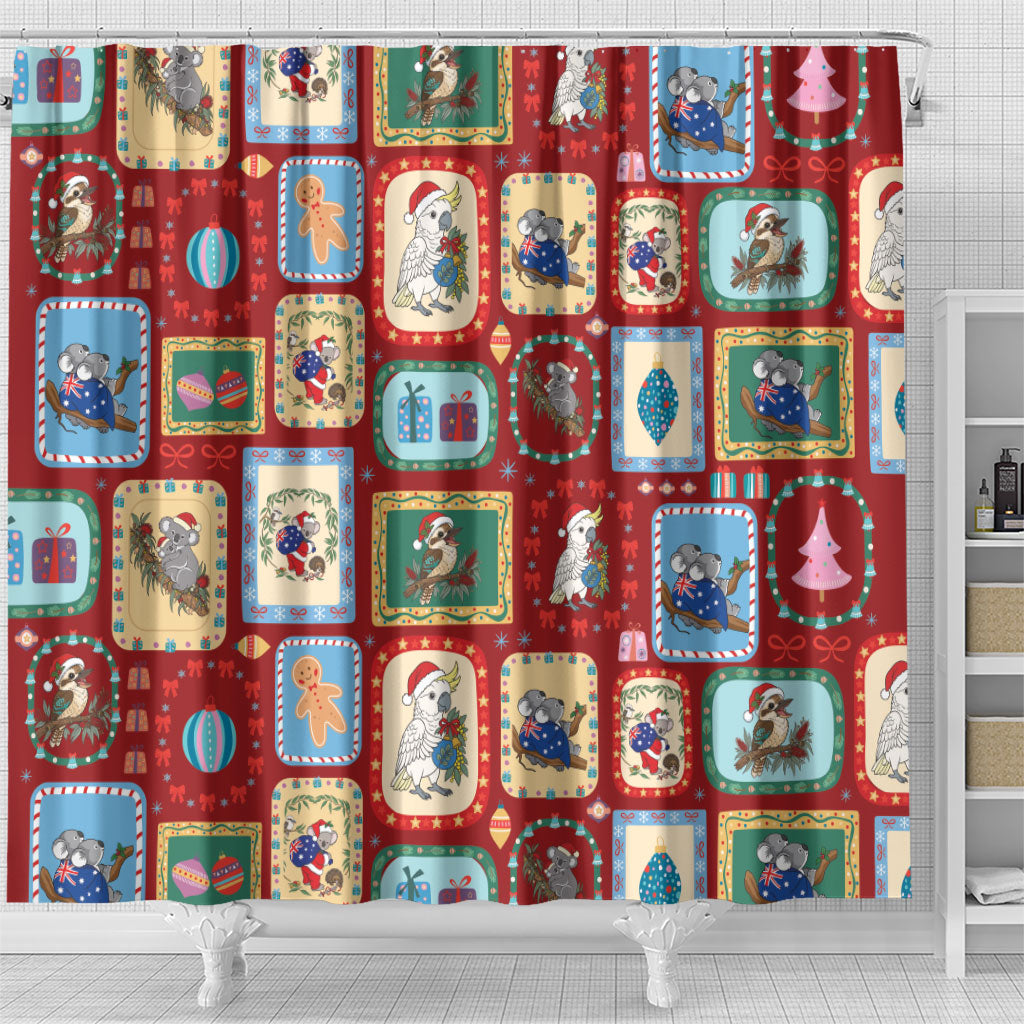Australia Wildlife Christmas Stamp Shower Curtain Red Aussie Native Animal Seamless Pattern
