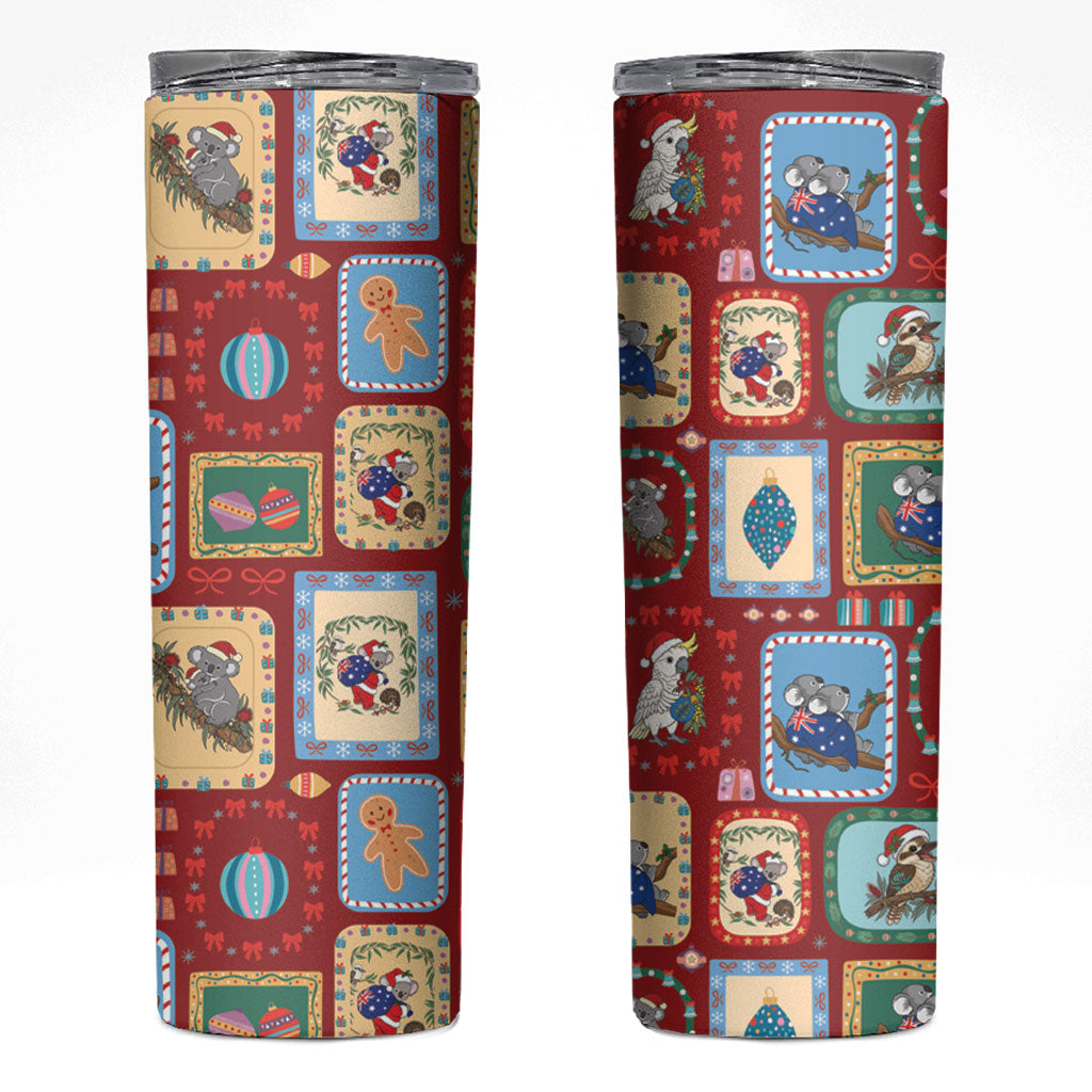 Australia Wildlife Christmas Stamp Skinny Tumbler Red Aussie Native Animal Seamless Pattern
