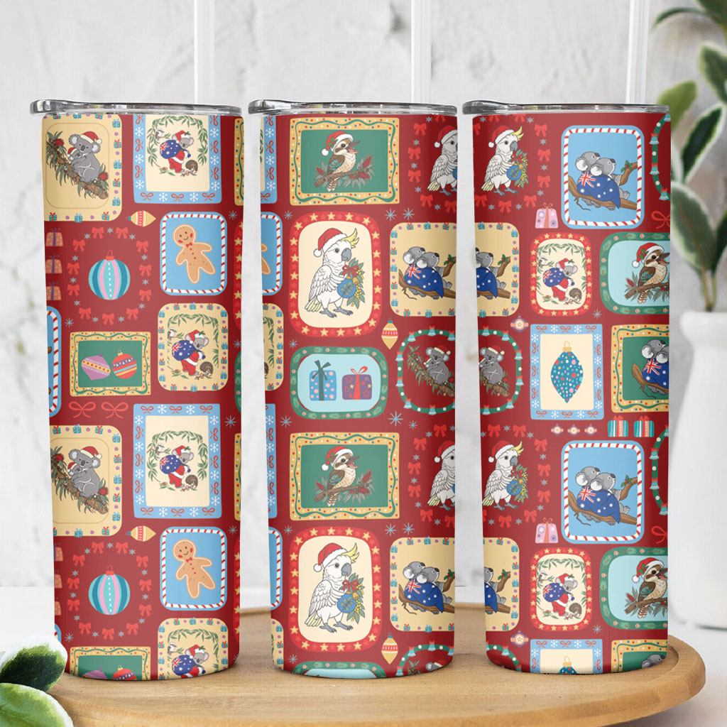 Australia Wildlife Christmas Stamp Skinny Tumbler Red Aussie Native Animal Seamless Pattern