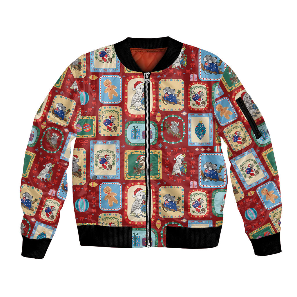 Australia Wildlife Christmas Stamp Sleeve Zip Bomber Jacket Red Aussie Native Animal Seamless Pattern