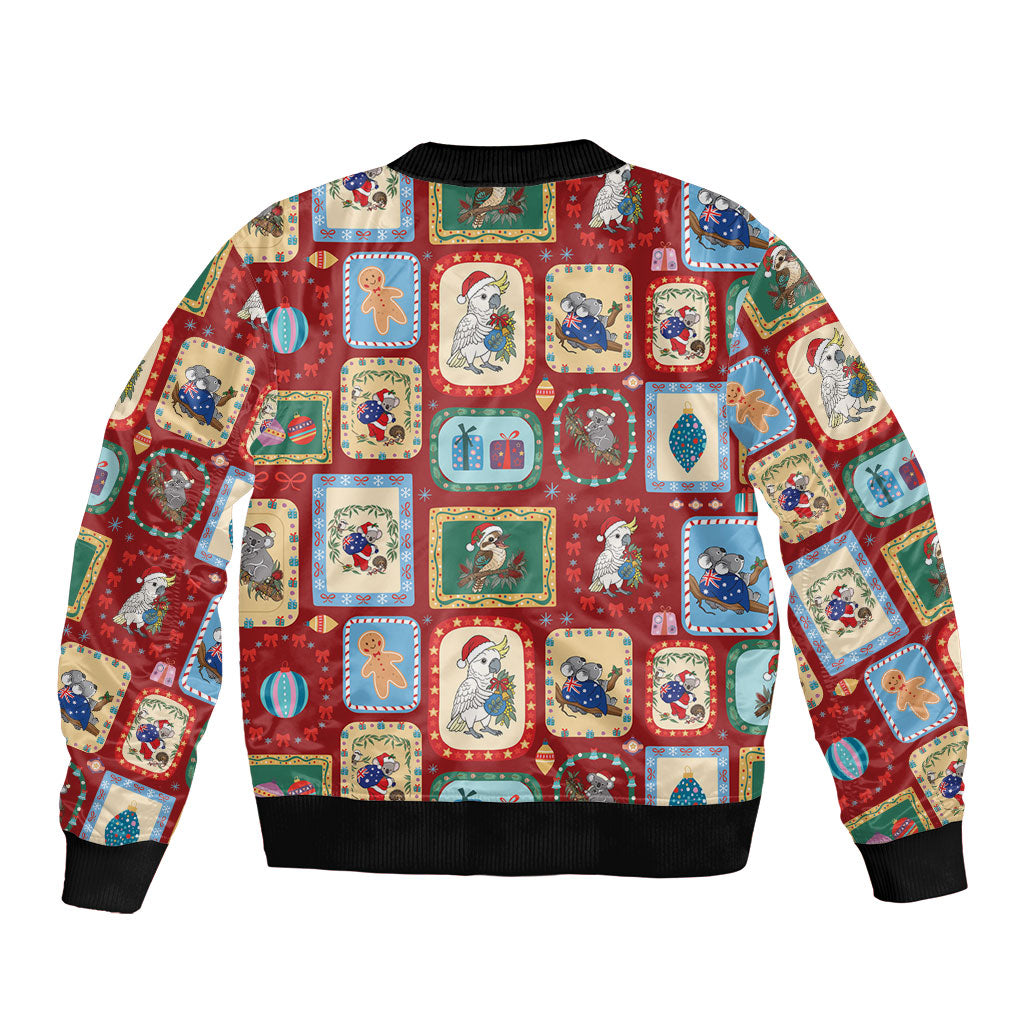 Australia Wildlife Christmas Stamp Sleeve Zip Bomber Jacket Red Aussie Native Animal Seamless Pattern