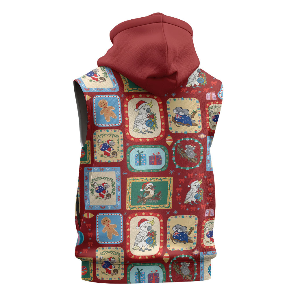 Australia Wildlife Christmas Stamp Sleeveless Hoodie Red Aussie Native Animal Seamless Pattern