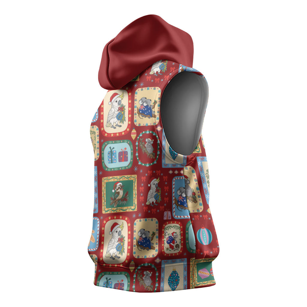 Australia Wildlife Christmas Stamp Sleeveless Hoodie Red Aussie Native Animal Seamless Pattern