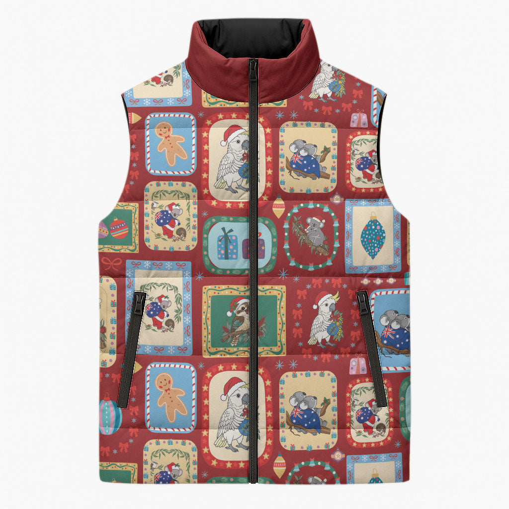 Australia Wildlife Christmas Stamp Sleeveless Puffer Jacket Red Aussie Native Animal Seamless Pattern