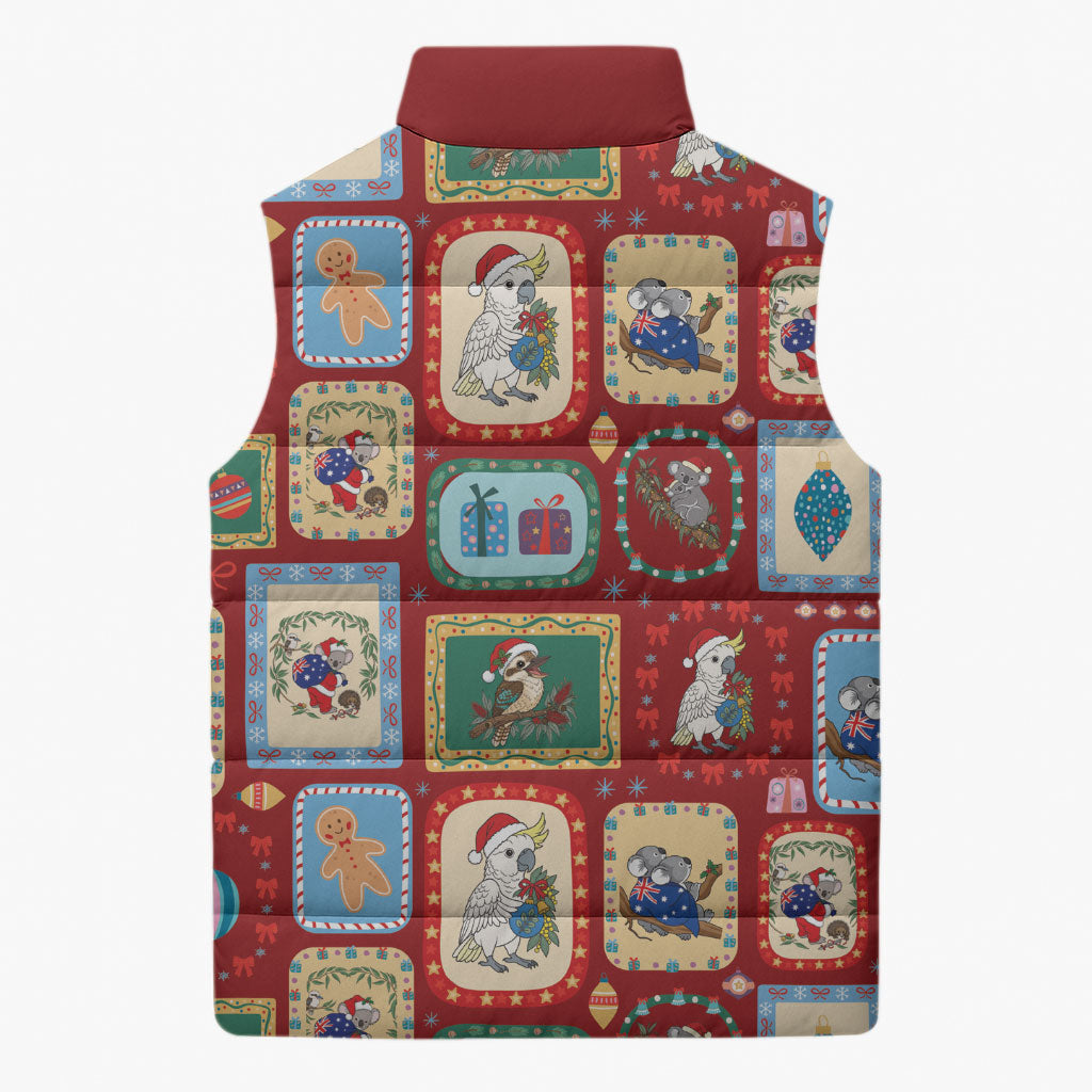 Australia Wildlife Christmas Stamp Sleeveless Puffer Jacket Red Aussie Native Animal Seamless Pattern