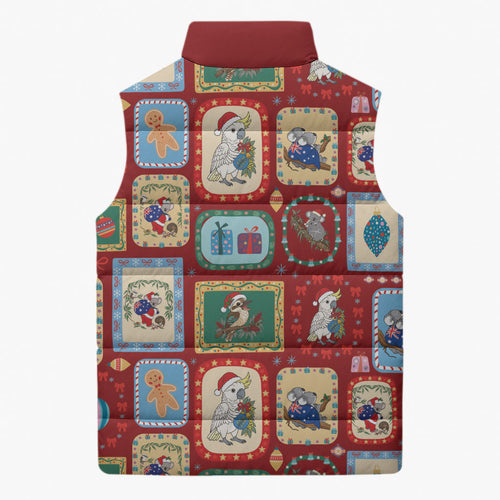 Australia Wildlife Christmas Stamp Sleeveless Puffer Jacket Red Aussie Native Animal Seamless Pattern