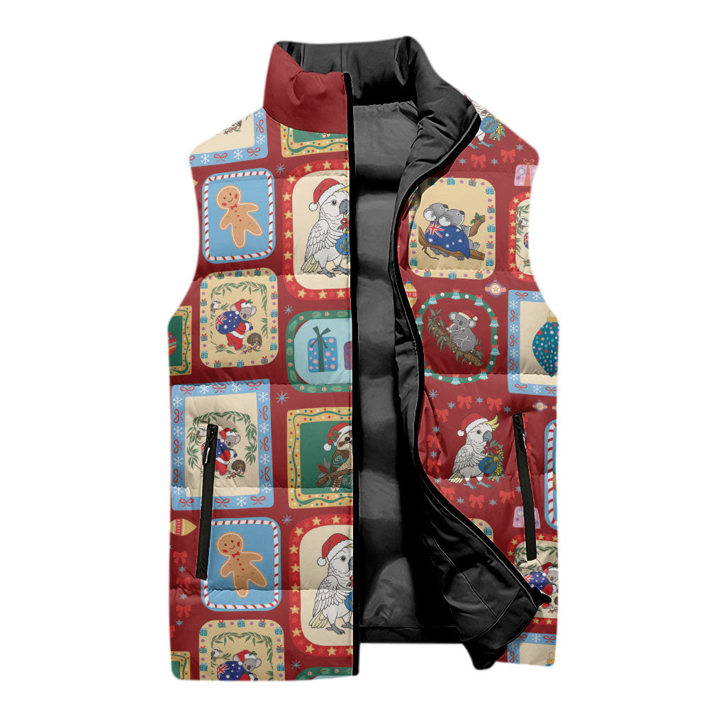 Australia Wildlife Christmas Stamp Sleeveless Puffer Jacket Red Aussie Native Animal Seamless Pattern
