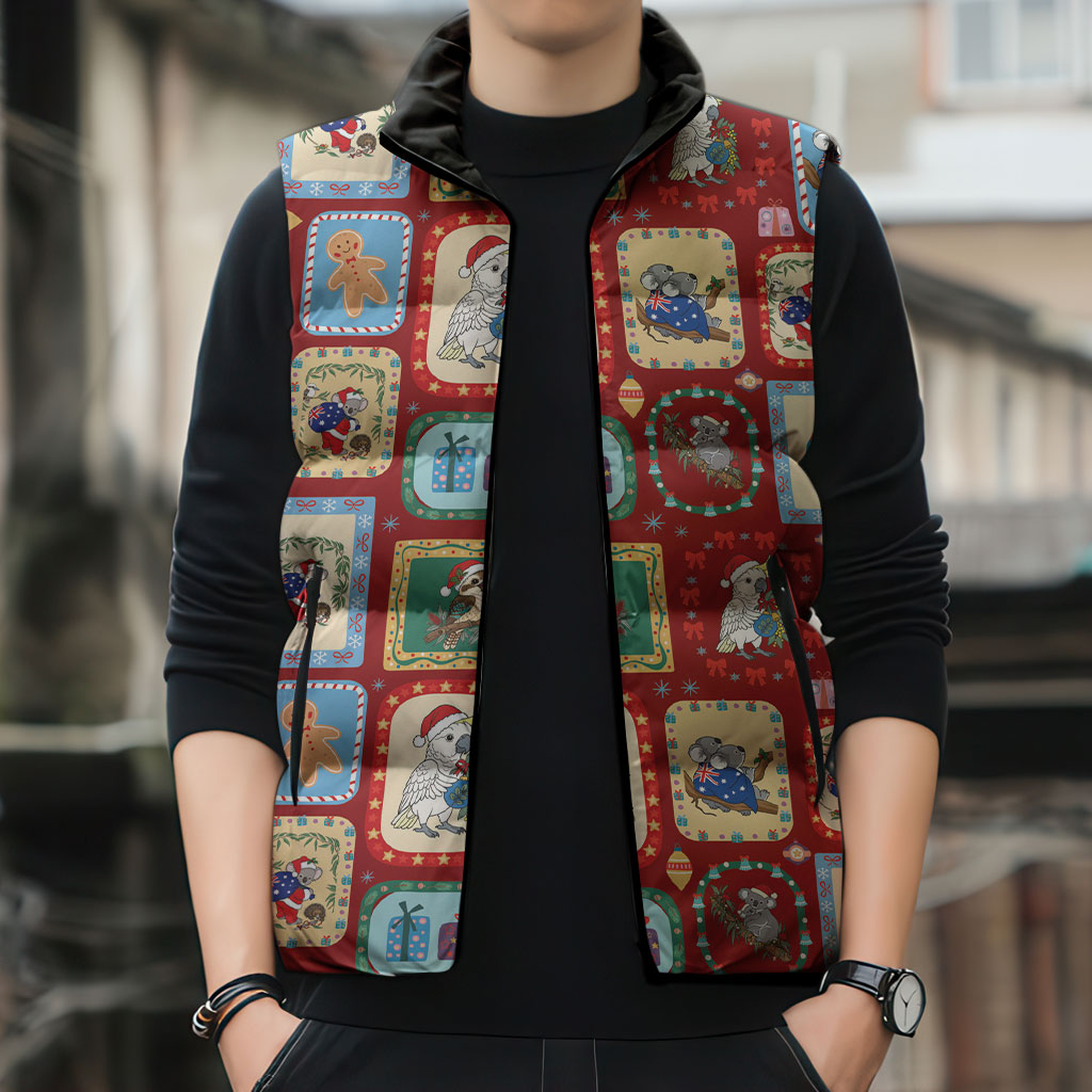 Australia Wildlife Christmas Stamp Sleeveless Puffer Jacket Red Aussie Native Animal Seamless Pattern