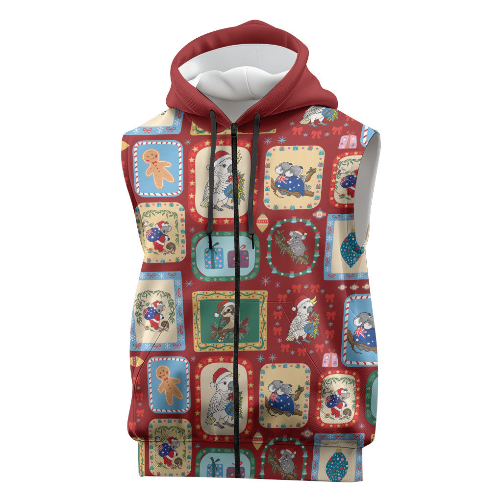 Australia Wildlife Christmas Stamp Sleeveless Zip Hoodie Red Aussie Native Animal Seamless Pattern