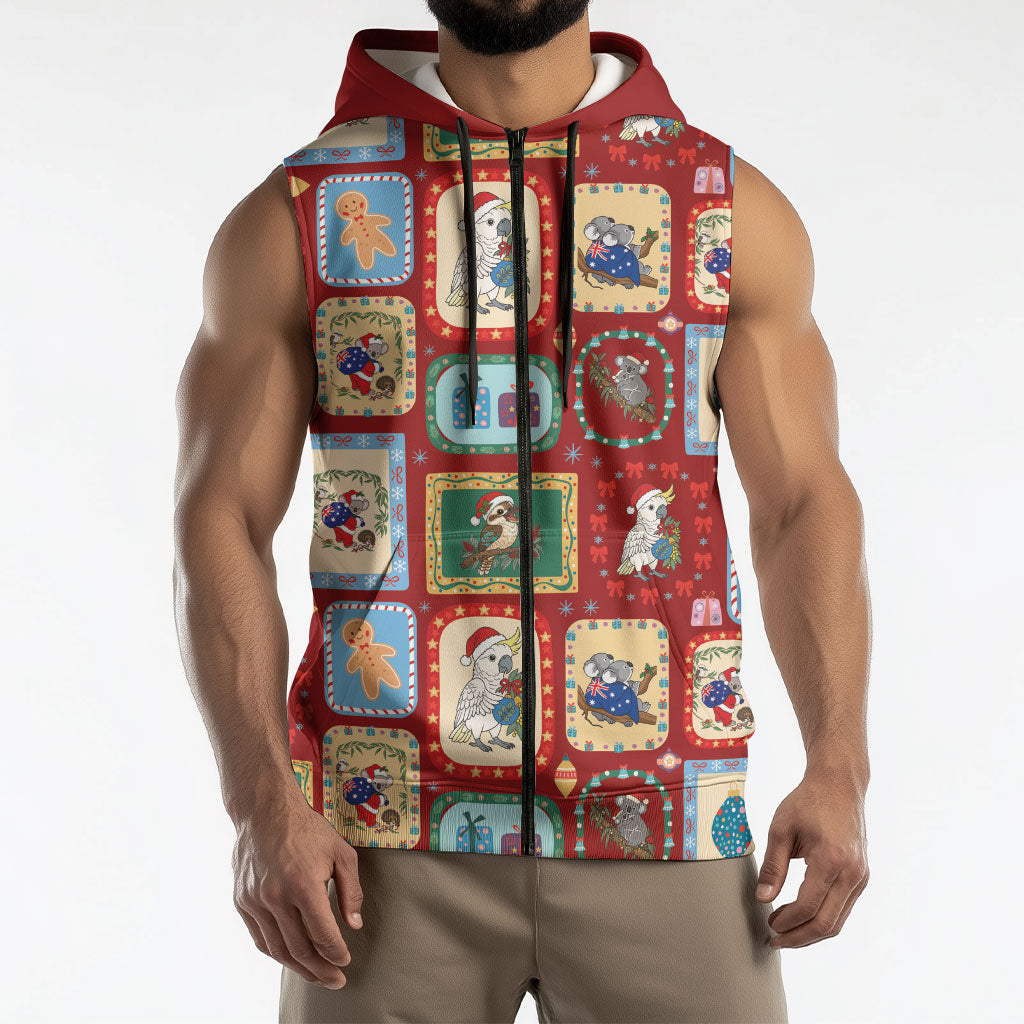 Australia Wildlife Christmas Stamp Sleeveless Zip Hoodie Red Aussie Native Animal Seamless Pattern